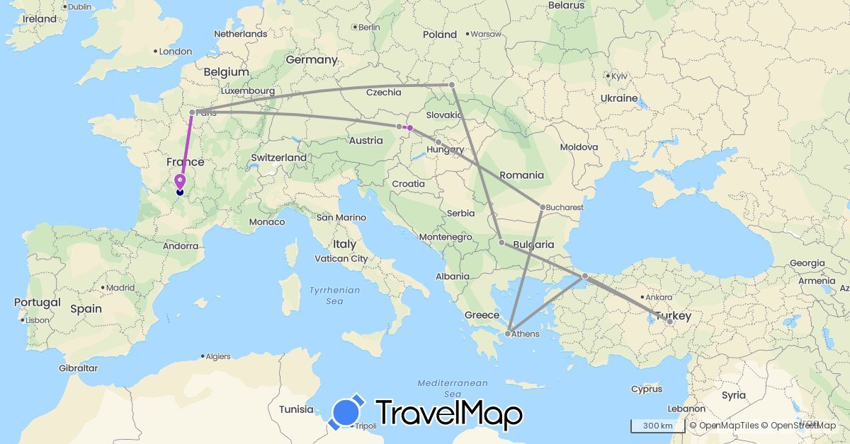TravelMap itinerary: driving, plane, train in Austria, Bulgaria, France, Greece, Hungary, Poland, Romania, Slovakia, Turkey (Asia, Europe)