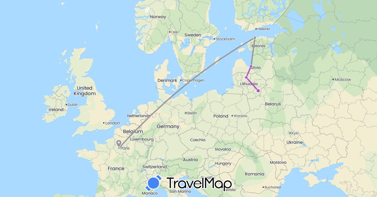 TravelMap itinerary: driving, plane, train in Estonia, France, Lithuania, Latvia (Europe)