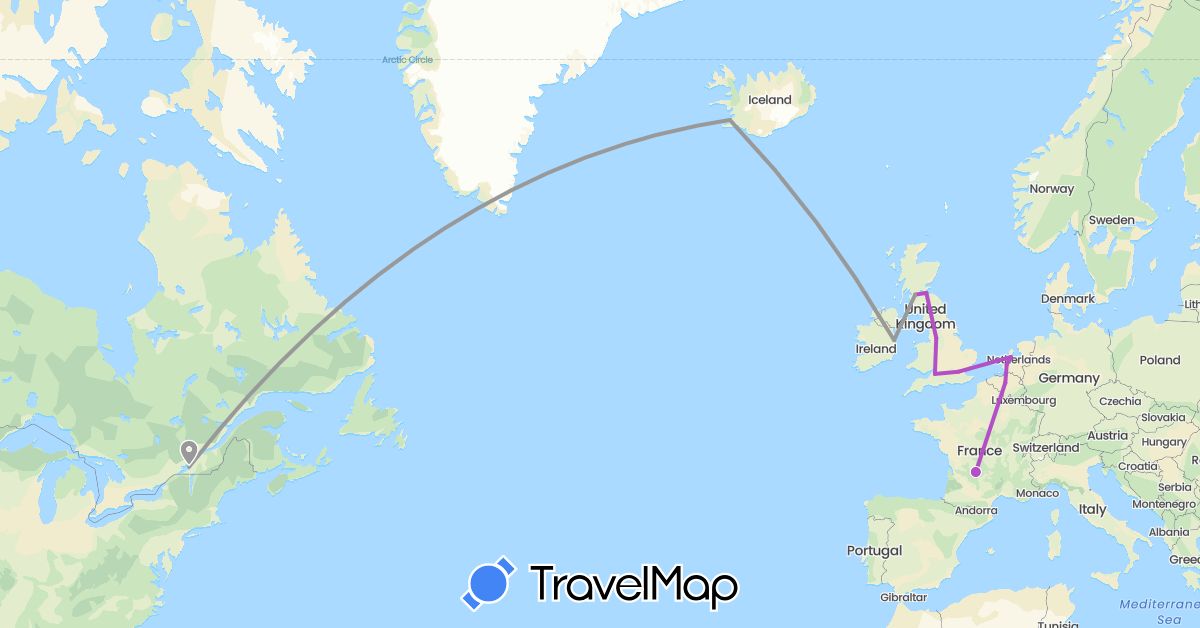 TravelMap itinerary: driving, plane, train in Belgium, Canada, France, United Kingdom, Ireland, Iceland, Netherlands (Europe, North America)